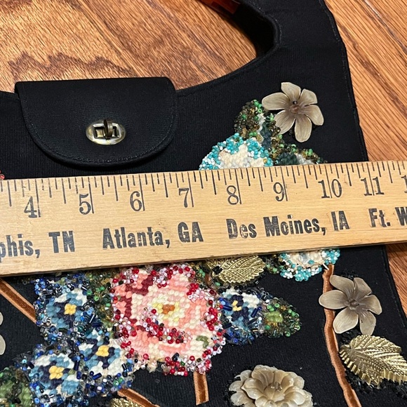 Floral Colorful Embellished Black Handbag with Needlework - Picture 5 of 7